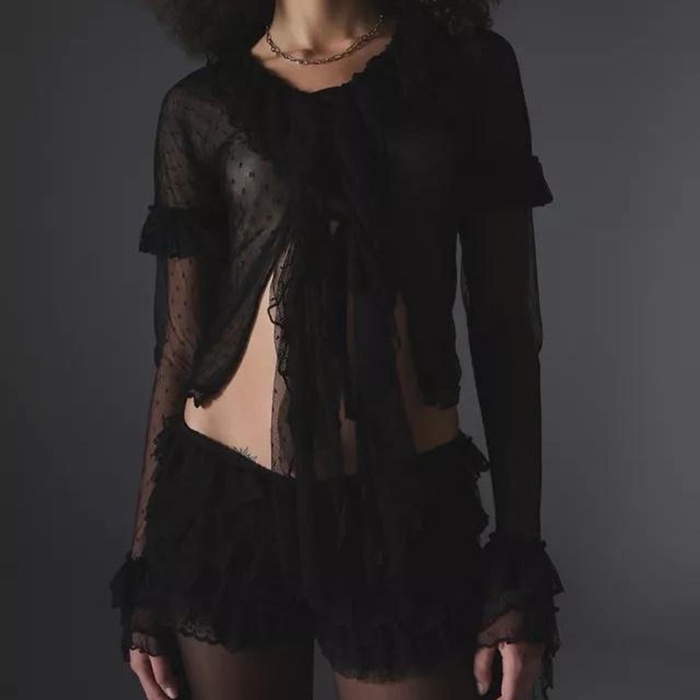 Jaded London Sheer Mesh Tie Top Gothic Dark Coquette Fairy Grunge Ruffle Blouse